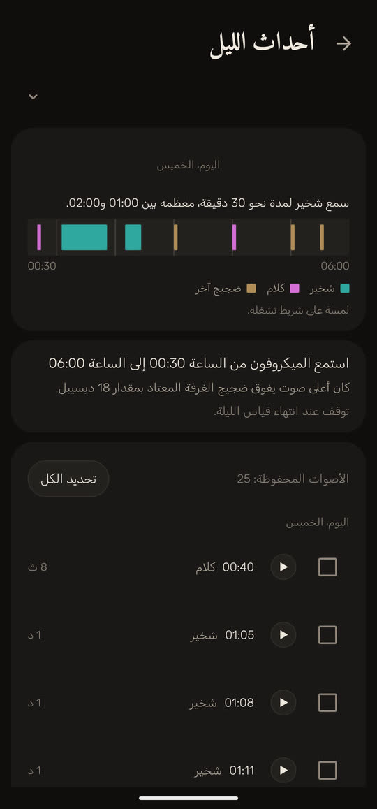 شاشة من التطبيق ببيانات توضيحية: أحداث الليل على خط زمني. سمع شخير نحو 30 دقيقة، معظمه بين الساعة 01:00 والساعة 02:00، ومعه كلام وضجيج آخر. واستمع الميكروفون من 00:30 إلى 06:00، والأصوات المحفوظة: 25.