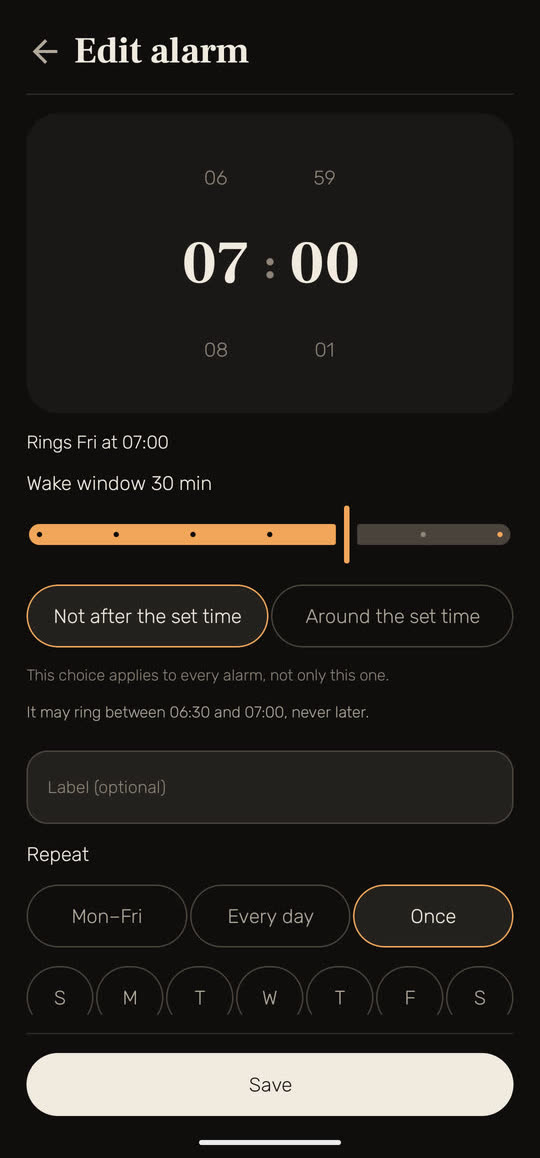 Wakira screen, with example data: editing a 07:00 alarm, once, with a 30-minute wake window, "Not after the set time", and the line "It may ring between 06:30 and 07:00, never later".
