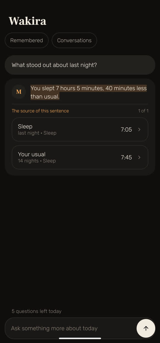 Wakira screen, with example data: the question "What stood out about last night?" and the answer "You slept 7 hours 5 minutes, 40 minutes less than usual", with its sources beneath: last night's sleep, 7:05, and your usual over 14 nights, 7:45.