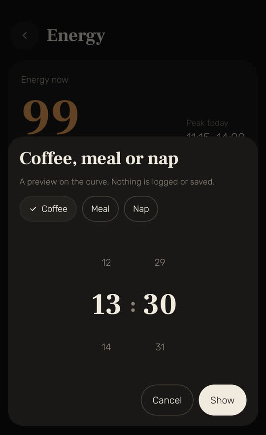 Wakira screen, with example data: the "Coffee, meal or nap" sheet, "A preview on the curve. Nothing is logged or saved.", with Coffee chosen at 13:30 and the buttons Cancel and Show.