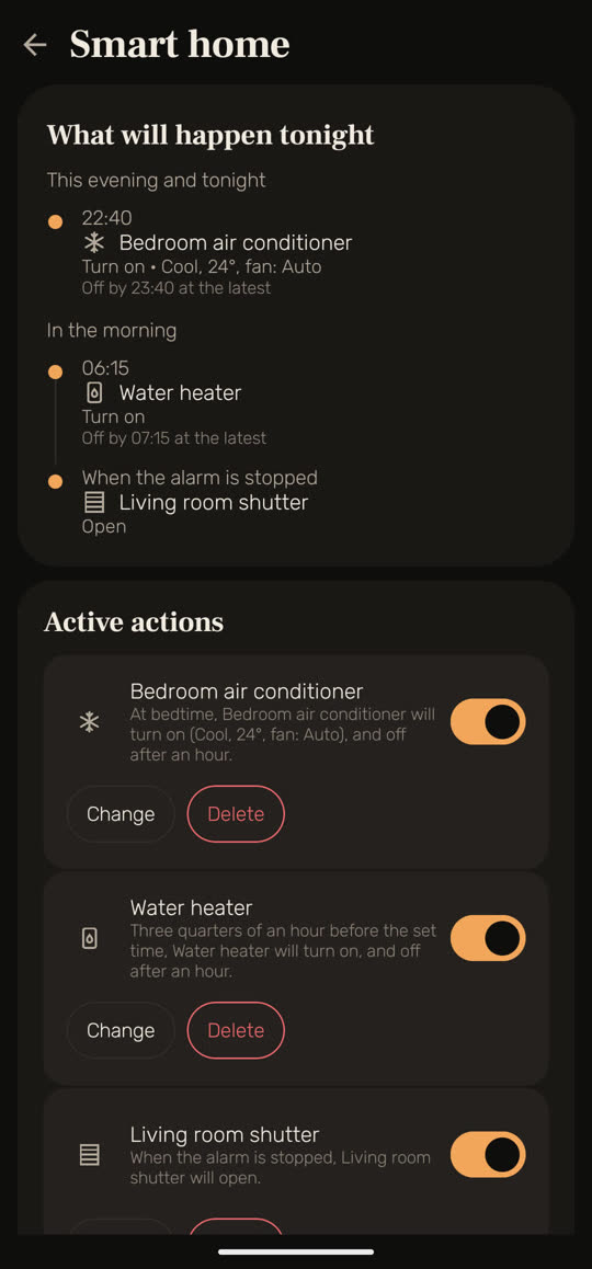 Wakira screen: "What will happen tonight". At 22:40 the bedroom air conditioner turns on, cool at 24°, off by 23:40 at the latest; at 06:15 the water heater turns on, off by 07:15 at the latest; and when the alarm is stopped, the living room shutter opens. The devices at home are listed below.