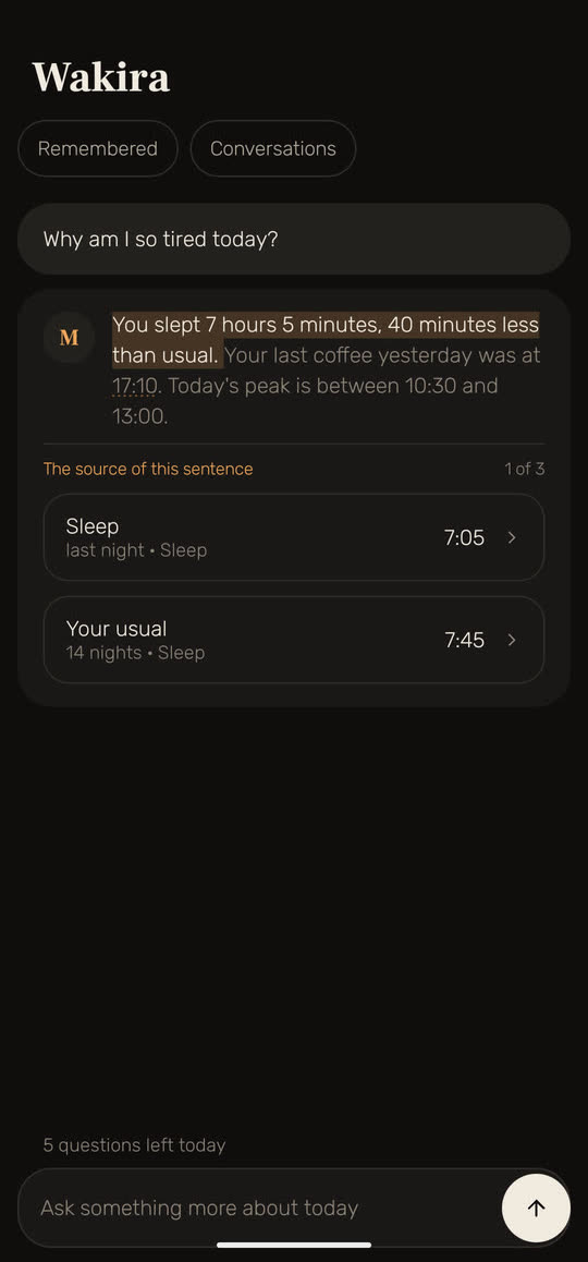Wakira screen: the question "Why am I so tired today?" and its answer. The first sentence, "You slept 7 hours 5 minutes, 40 minutes less than usual", is highlighted, with its sources beneath: last night's sleep, 7:05, and your usual over 14 nights, 7:45.