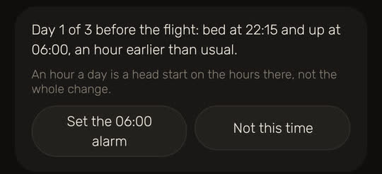 Wakira screen, with example data: "Day 1 of 3 before the flight: bed at 22:15 and up at 06:00, an hour earlier than usual", with the buttons "Set the 06:00 alarm" and "Not this time".