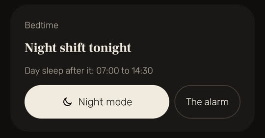 Wakira screen, with example data: the bedtime card, "Night shift tonight", with the day sleep after it from 07:00 to 14:30 and the buttons "Night mode" and "The alarm".