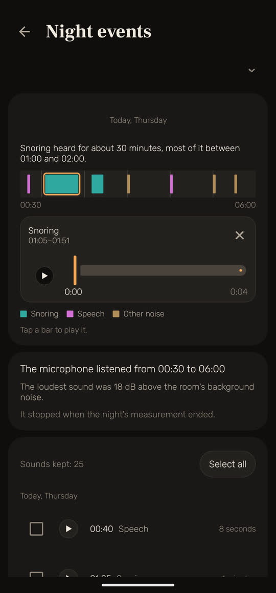 Wakira screen, with example data: the night's sound timeline with a stretch of snoring from 01:05 to 01:51 open in the player; below, the microphone's hours, 00:30 to 06:00, and the list of kept sounds.