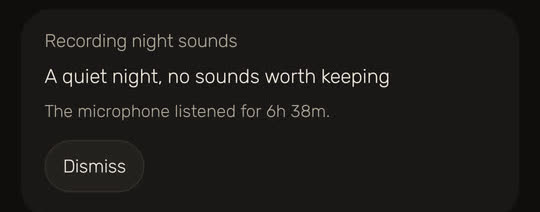 Wakira screen, with example data: "A quiet night, no sounds worth keeping", and "The microphone listened for 6h 38m."