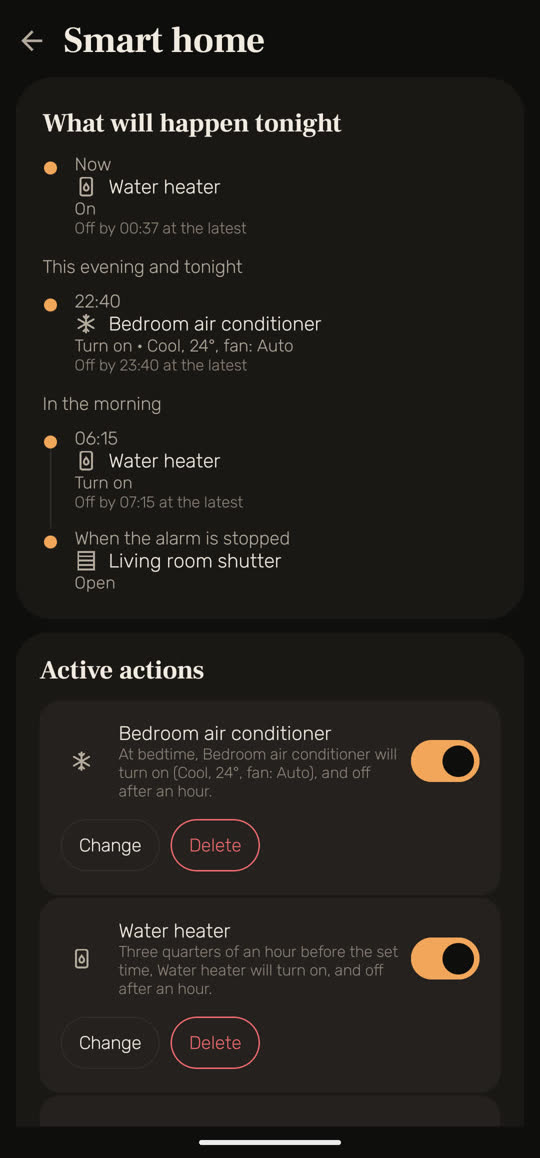 Wakira screen, with example data: the smart home. The water heater is on now, off by 20:26 at the latest; then the bedroom air conditioner at 22:40, the water heater at 06:15, and the living room shutter opening when the alarm is stopped.