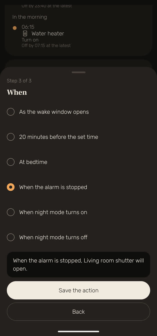 Wakira screen, with example data: a new action, step 3 of 3, "When", with "When the alarm is stopped" chosen and the sentence "When the alarm is stopped, Living room shutter will open."