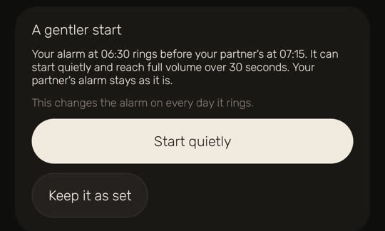 Wakira screen, with example data: "A gentler start". "Your alarm at 06:30 rings before your partner's at 07:15. It can start quietly and reach full volume over 30 seconds. Your partner's alarm stays as it is." Below: "This changes the alarm on every day it rings." The buttons are "Start quietly" and "Keep it as set".