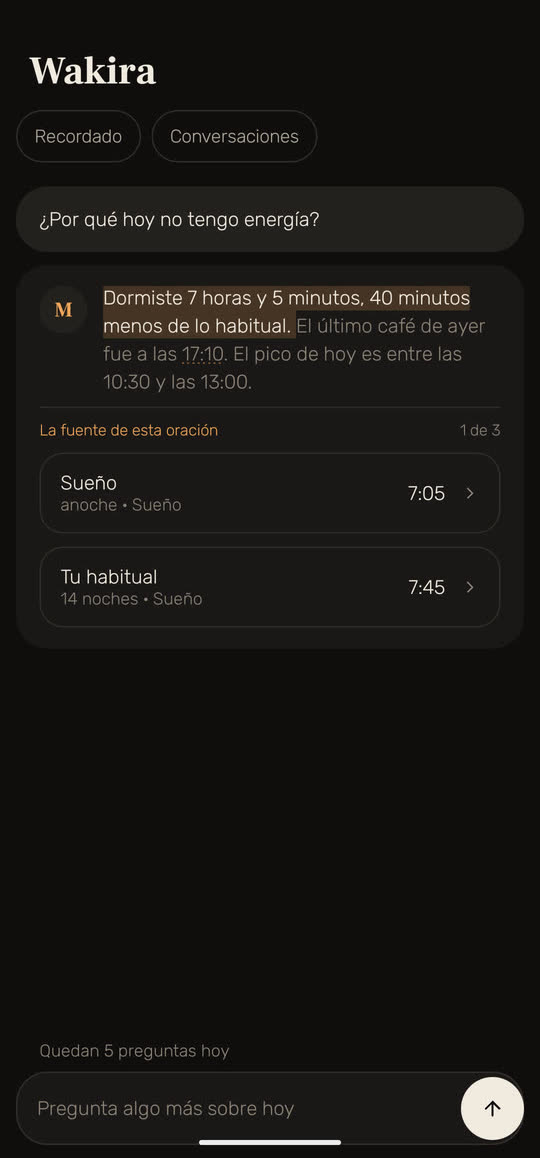 Pantalla de Wakira, con datos de ejemplo: la pregunta «¿Por qué hoy no tengo energía?» y su respuesta. La primera frase, «Dormiste 7 horas y 5 minutos, 40 minutos menos de lo habitual», está resaltada, con sus fuentes debajo: el sueño de anoche, 7:05, y lo habitual en 14 noches, 7:45.