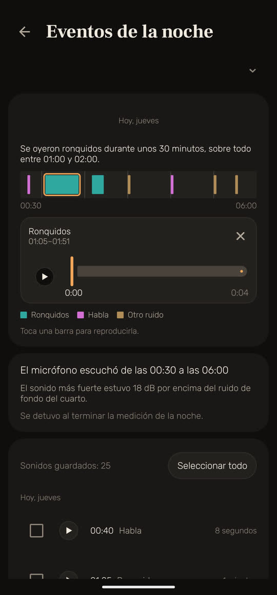 Pantalla de Wakira, con datos de ejemplo: la línea de tiempo de los sonidos de la noche, con un tramo de ronquidos de la 01:05 a la 01:51 abierto en el reproductor; debajo, las horas del micrófono, de las 00:30 a las 06:00, y la lista de sonidos guardados.