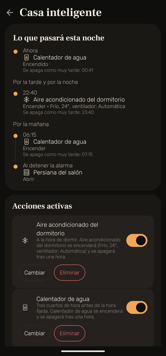 Pantalla de Wakira, con datos de ejemplo: la casa inteligente. El calentador de agua está encendido ahora y se apaga como muy tarde a las 00:41; luego, el aire acondicionado del dormitorio a las 22:40, el calentador de agua a las 06:15 y la persiana del salón, que se abre al detener la alarma.