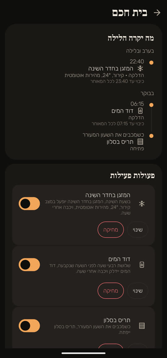 מסך מהאפליקציה, עם נתונים לדוגמה: "מה יקרה הלילה" במסך הבית החכם. בשעה 22:40 המזגן בחדר השינה יידלק בקירור על 24 מעלות, וייכבה עד 23:40 לכל המאוחר. בבוקר, בשעה 06:15, דוד המים יידלק, וייכבה עד 07:15 לכל המאוחר. וכשמכבים את השעון המעורר, התריס בסלון ייפתח. מתחת, הרשימה "פעולות פעילות".