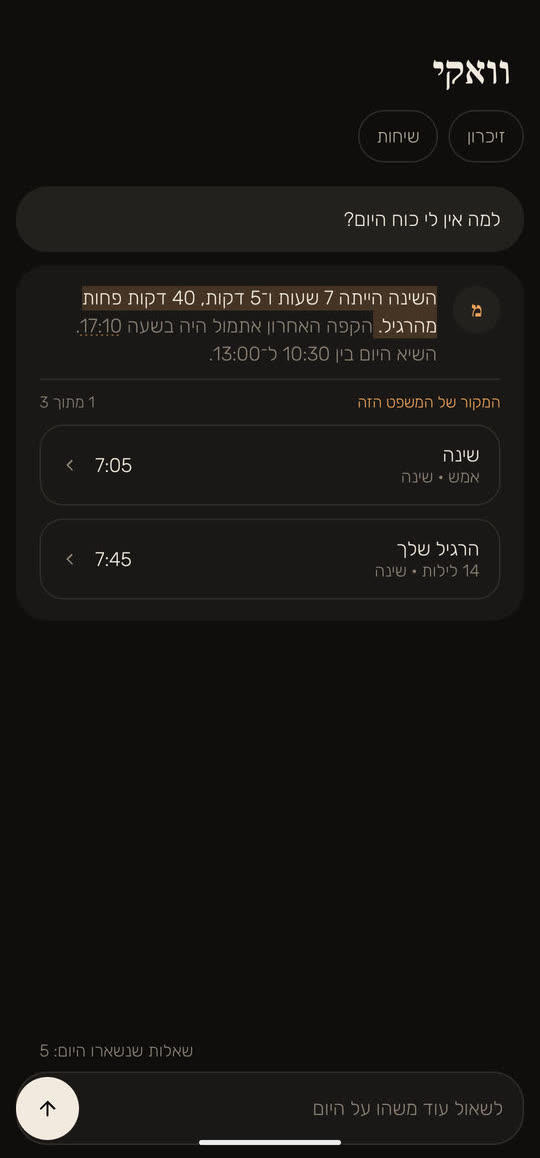 מסך מהאפליקציה, עם נתונים לדוגמה: השאלה "למה אין לי כוח היום?" והתשובה. המשפט הראשון, "השינה הייתה 7 שעות ו־5 דקות, 40 דקות פחות מהרגיל", מסומן, ומתחתיו המקורות שלו: השינה אמש, 7:05, והרגיל שלך ב־14 לילות, 7:45.