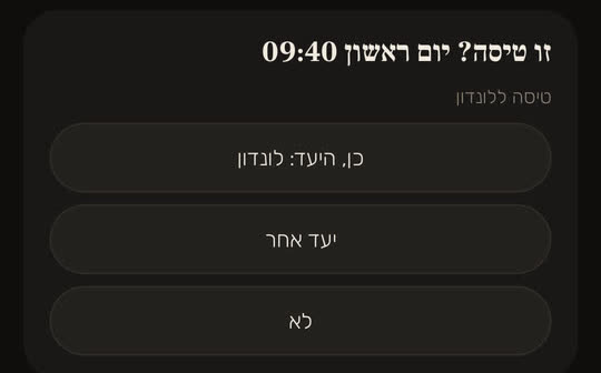מסך מהאפליקציה, עם נתונים לדוגמה: כרטיס "זו טיסה? יום ראשון 09:40" על טיסה ללונדון, עם שלוש תשובות: "כן, היעד: לונדון", "יעד אחר" ו"לא".