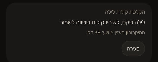 מסך מהאפליקציה, עם נתונים לדוגמה: כרטיס הקלטת קולות לילה, "לילה שקט, לא היו קולות ששווה לשמור", והמיקרופון הקשיב 6 שעות ו־38 דקות.