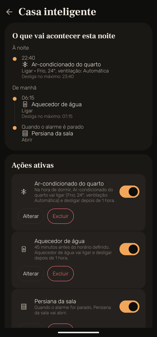 Tela do Wakira com dados de exemplo: “O que vai acontecer esta noite”. Às 22:40 o ar-condicionado do quarto liga, no modo frio a 24°, e desliga no máximo às 23:40; às 06:15 o aquecedor de água liga e desliga no máximo às 07:15; e quando você para o alarme, a persiana da sala abre. Embaixo, as ações ativas.