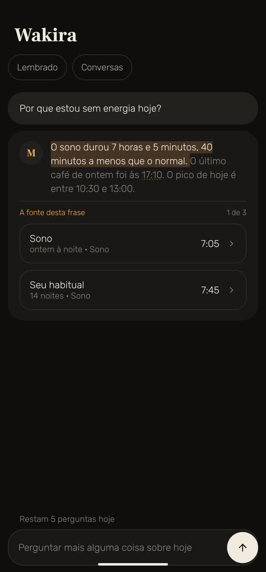 Tela do Wakira com dados de exemplo: a pergunta “Por que estou sem energia hoje?” e a resposta. A primeira frase, “O sono durou 7 horas e 5 minutos, 40 minutos a menos que o normal”, está destacada, com as fontes embaixo: o sono de ontem à noite, 7:05, e “Seu habitual” em 14 noites, 7:45.