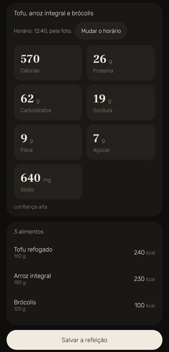 Tela do Wakira com dados de exemplo: o resultado de uma refeição fotografada, “Tofu, arroz integral e brócolis”. Horário: 12:40, pela foto, com o botão “Mudar o horário”. 570 calorias, 26 g de proteína, 62 g de carboidratos, 19 g de gordura, 9 g de fibra, 7 g de açúcar e 640 mg de sódio, com “confiança alta”. Abaixo, 3 alimentos: tofu refogado 160 g, 240 kcal; arroz integral 180 g, 230 kcal; brócolis 120 g, 100 kcal. Embaixo, o botão “Salvar a refeição”.