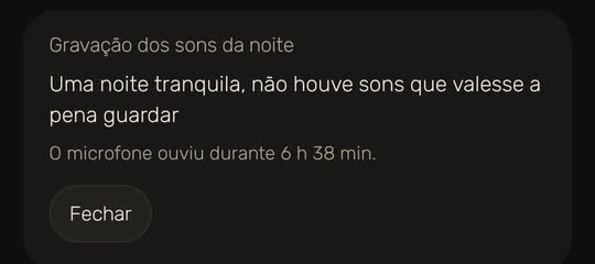 Tela do Wakira com dados de exemplo: o aviso de uma noite tranquila, sem sons que valessem a pena guardar, e quanto tempo o microfone ouviu: 6 h 38 min.