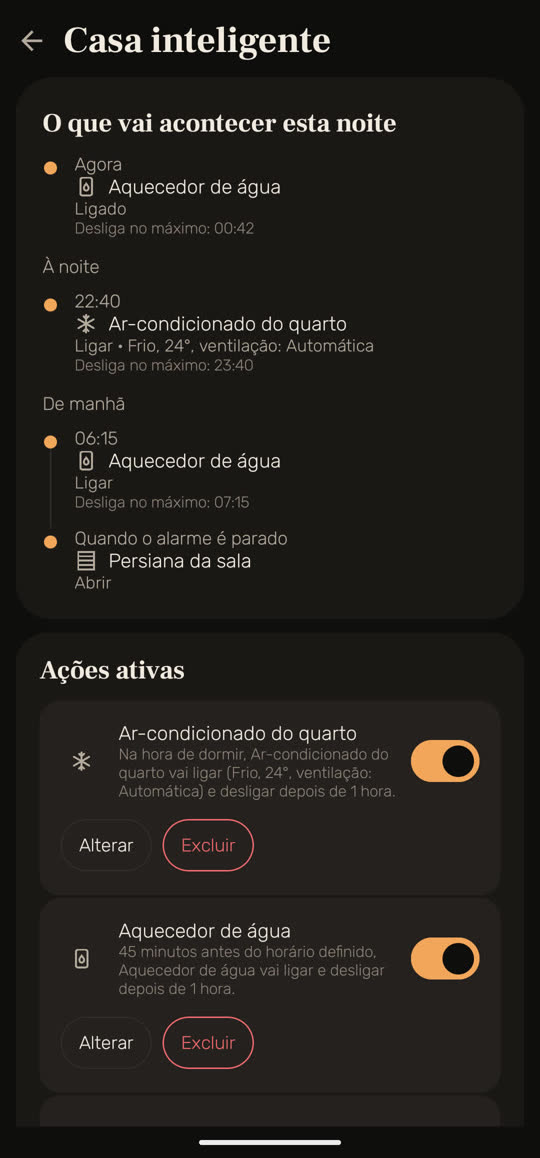 Tela do Wakira com dados de exemplo: a casa inteligente. O aquecedor de água está ligado agora e desliga no máximo às 00:42; depois, o ar-condicionado do quarto às 22:40, o aquecedor de água às 06:15 e a persiana da sala, que abre quando você para o alarme.