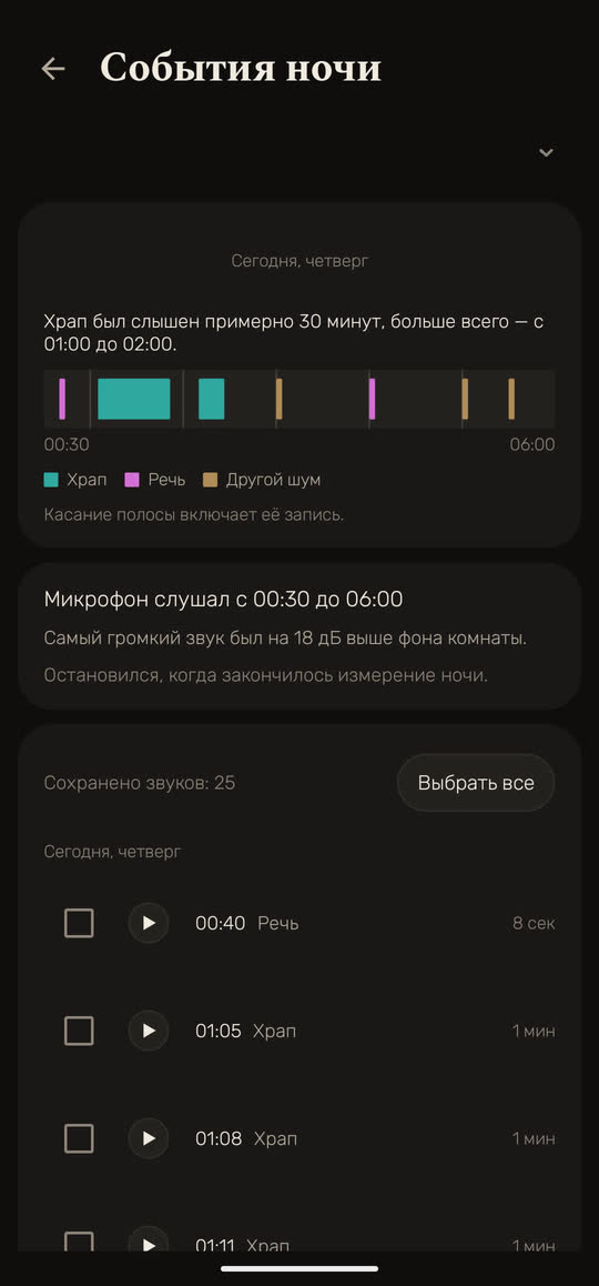 Экран Wakira, данные для примера: события ночи на шкале времени. Храп был слышен примерно 30 минут, больше всего с 01:00 до 02:00, а ещё речь и другой шум. Микрофон слушал с 00:30 до 06:00 и сохранил 25 звуков.