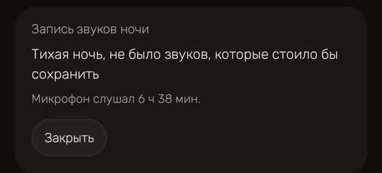 Экран Wakira, данные для примера: «Тихая ночь, не было звуков, которые стоило бы сохранить» и «Микрофон слушал 6 ч 38 мин.»
