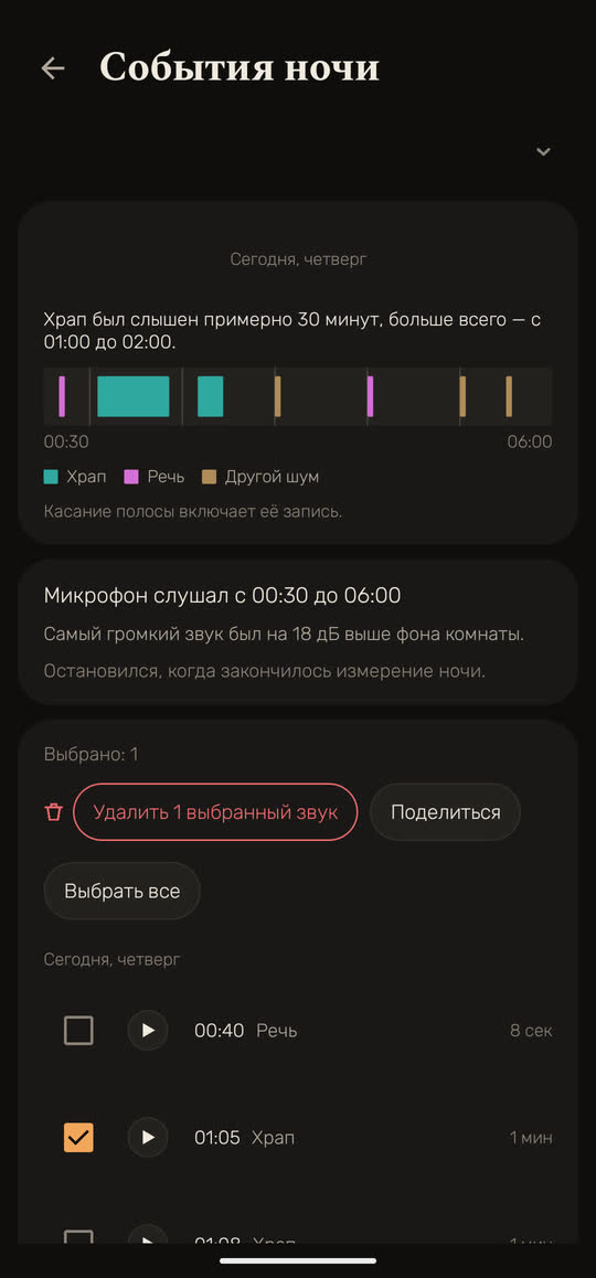 Экран Wakira, данные для примера: список звуков ночи, выбрана одна запись храпа в 01:05, кнопки «Удалить 1 выбранный звук» и «Поделиться».